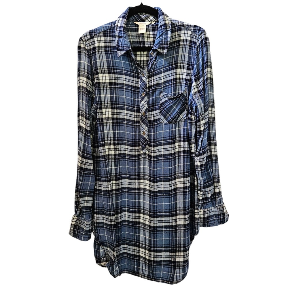 Sundance Top Dress L Blue Plaid Button Up Ultra‎ Soft Rayon Popover Tunic Preppy